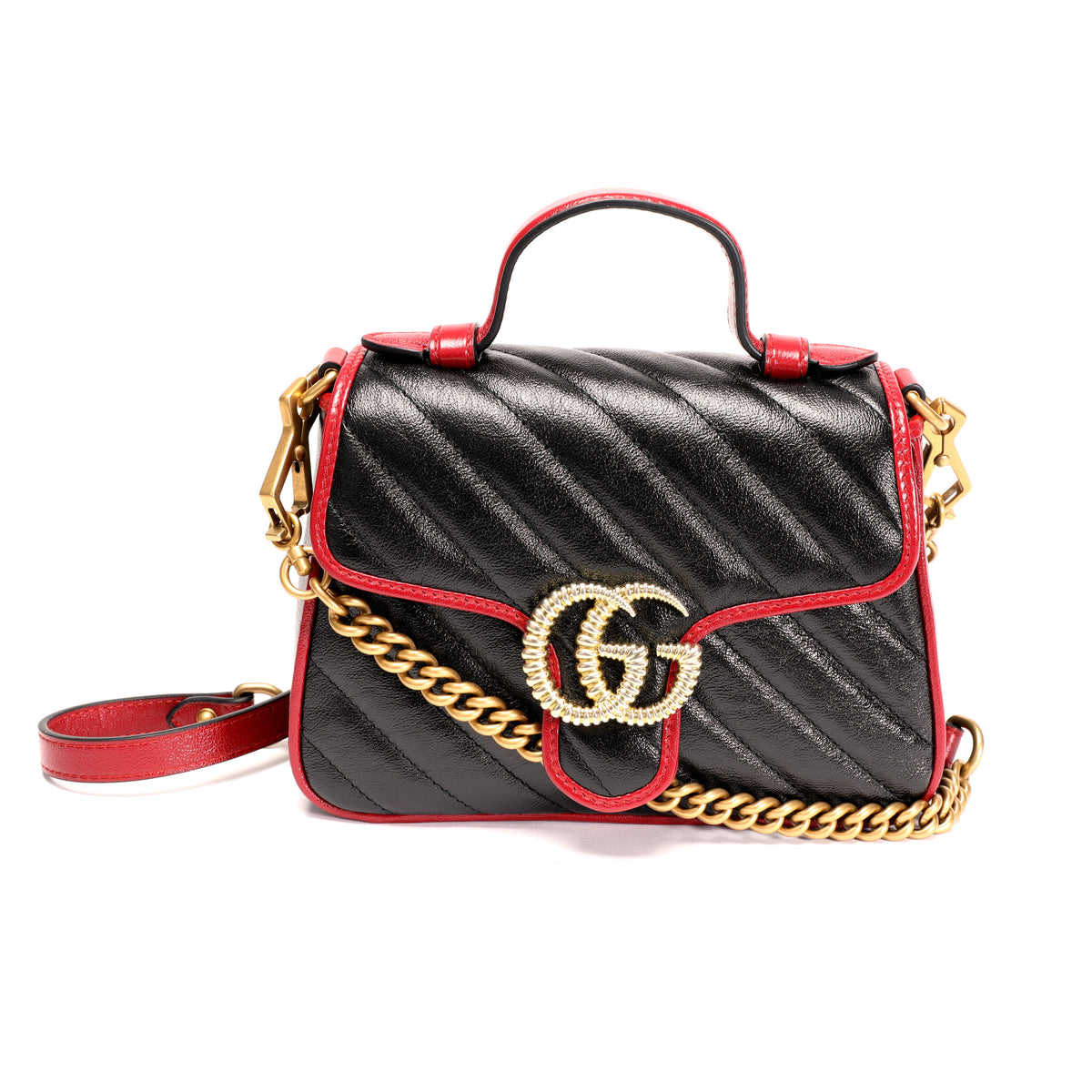 Gucci Marmont Black GG Mini Gold Red Italy Top Handle Small Bag Quilted NEW