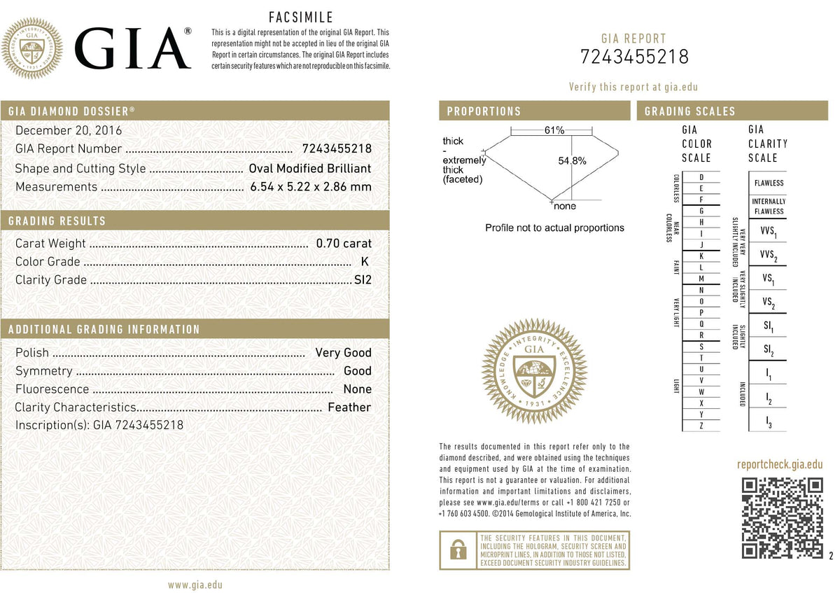GIA Certified 0.70 Ct Oval cut K SI2 Loose Diamond