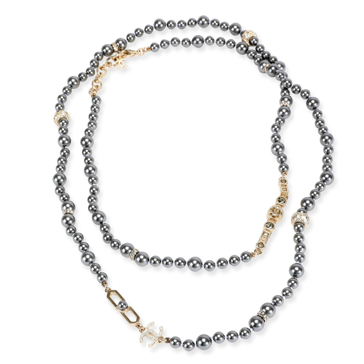 Chanel Costume Long Necklace with Cultured Black Pearl & Strass