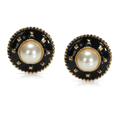 Chanel Vintage Black Enamel & Cultured Mabe Pearl Clip-on Earrings
