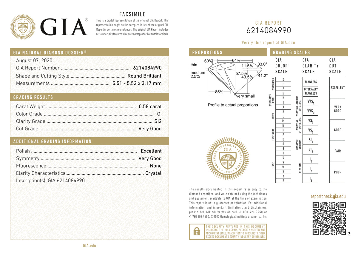 GIA Certified 0.58 Ct Round cut G SI2 Loose Diamond