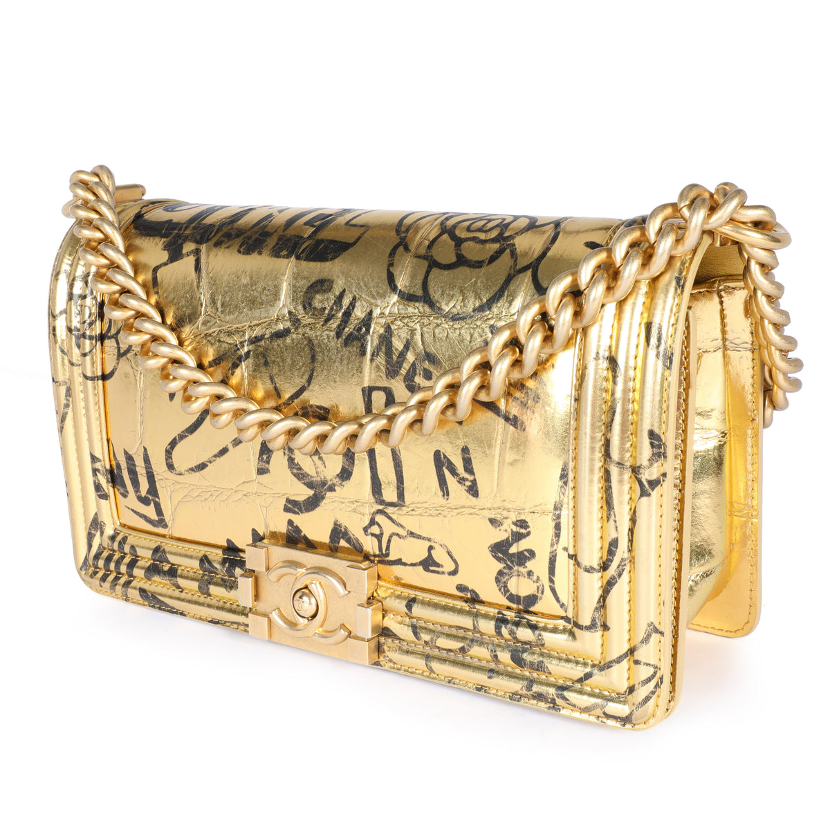 Chanel - Authenticated Boy Handbag - Patent Leather Gold Crocodile for Women, Very Good Condition