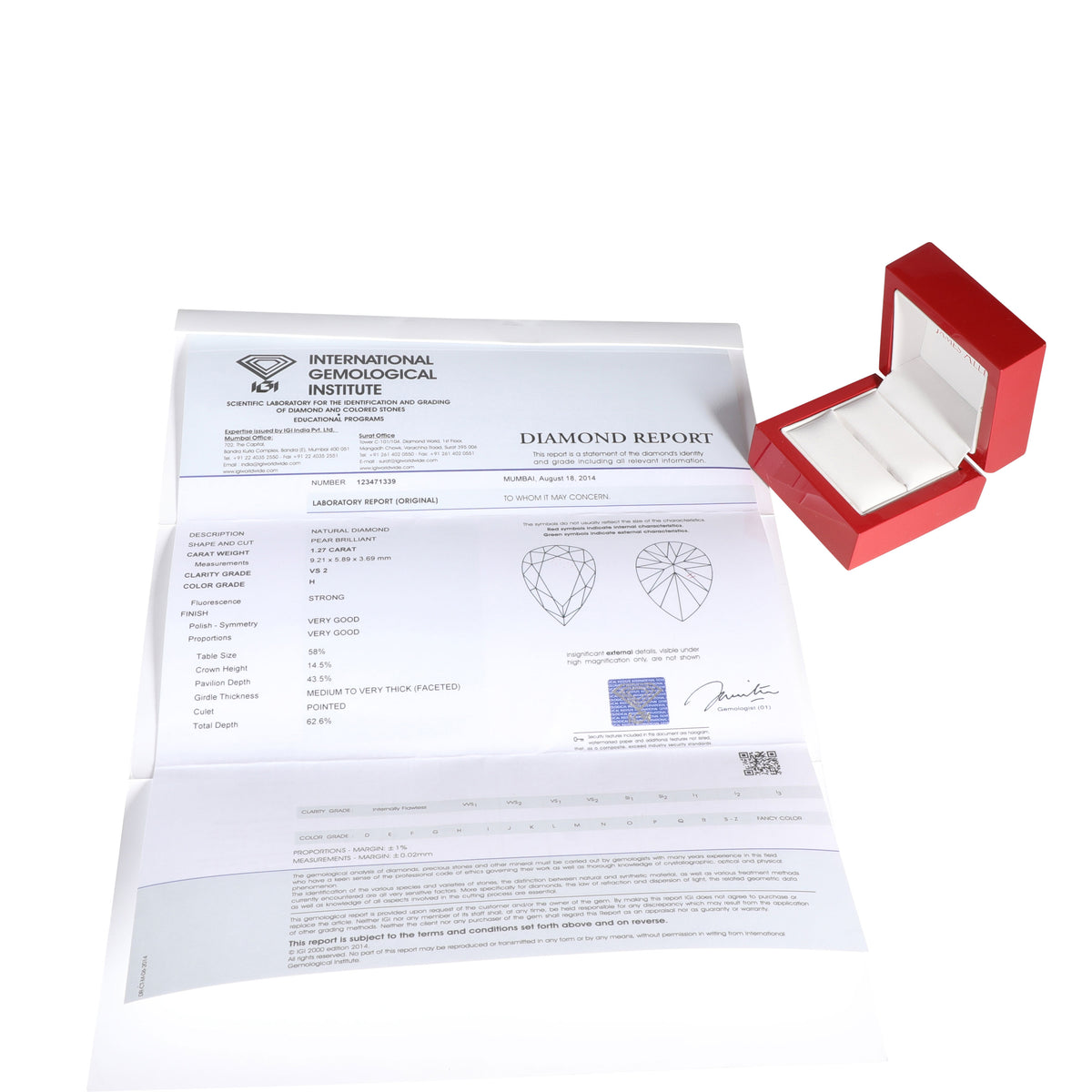 IGI Certified 1.27 Ct Pear cut H VS2 Loose Diamond