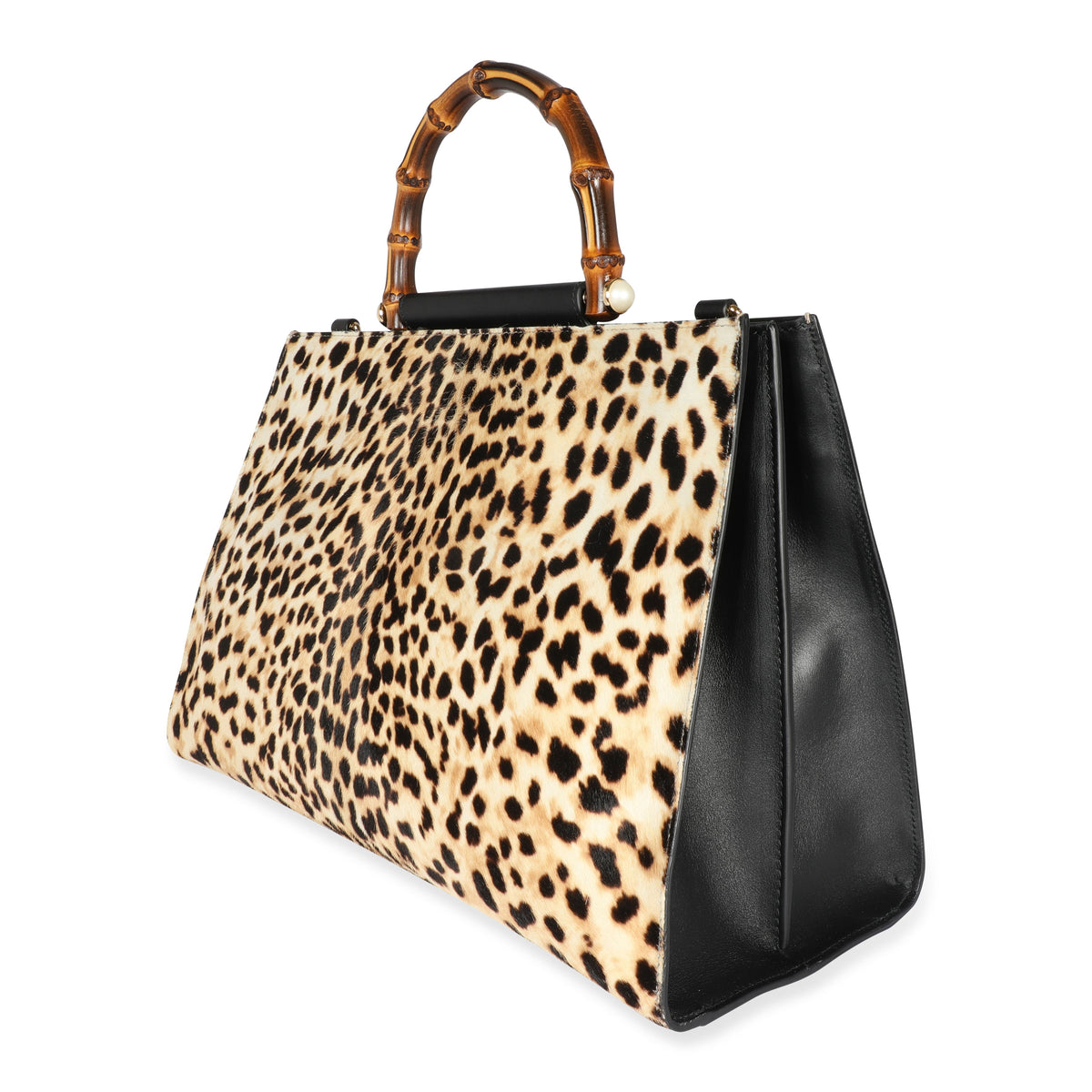 Gucci Leopard-Printed Calf Hair Nymphaea Bamboo Top Handle Tote
