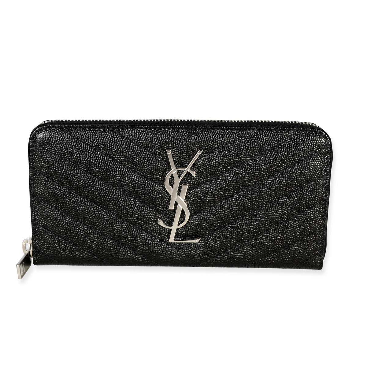 Saint Laurent Black Grain De Poudre Leather Monogram Zip Around Wallet