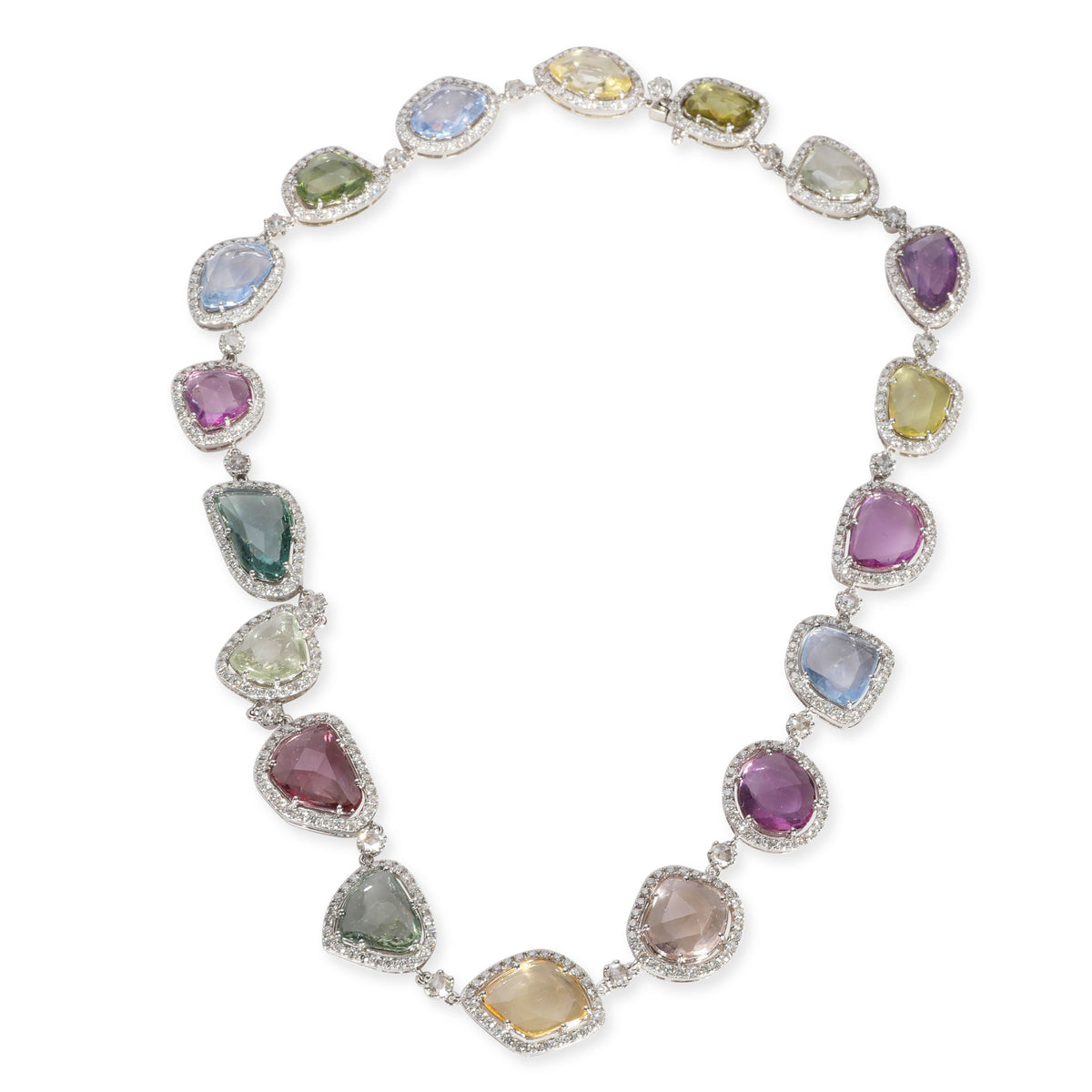 Halo Diamond & Multi Colored Sapphire Slice Necklace in 18K White Gold 7.73 CTW