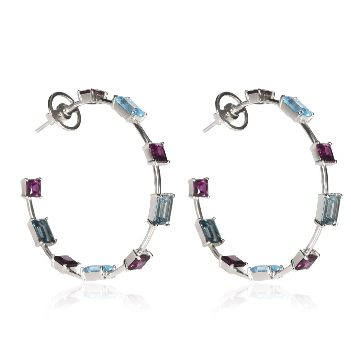 Hoop Earrings with London Blue Topaz, Blue Topaz and Rhodolite in in 18K Gold