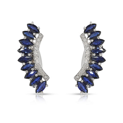 Blue Sapphire & Diamond Ear Crawler Earrings in 18KT White Gold 0.20 CTW