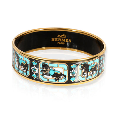 Hermès Hermes Teal Horse Motif Wide Enamel Bangle Gold Plated