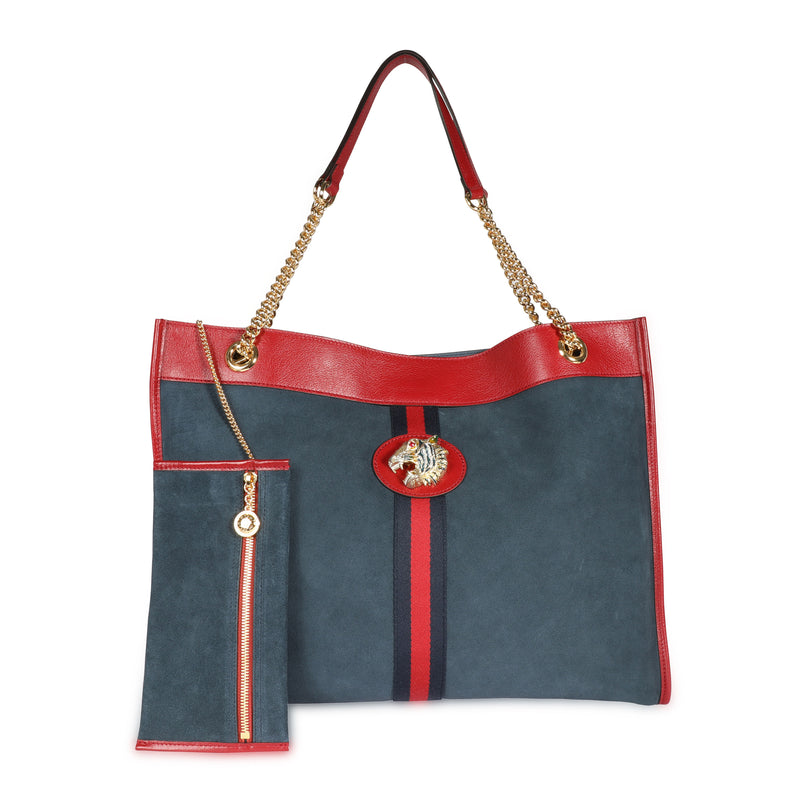 Gucci Navy Suede & Red Calfskin Large Rajah Tote