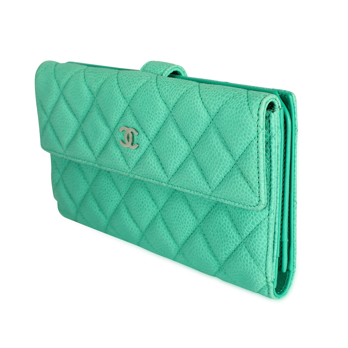 Chanel Mint Green Caviar Quilted Long Flap Wallet