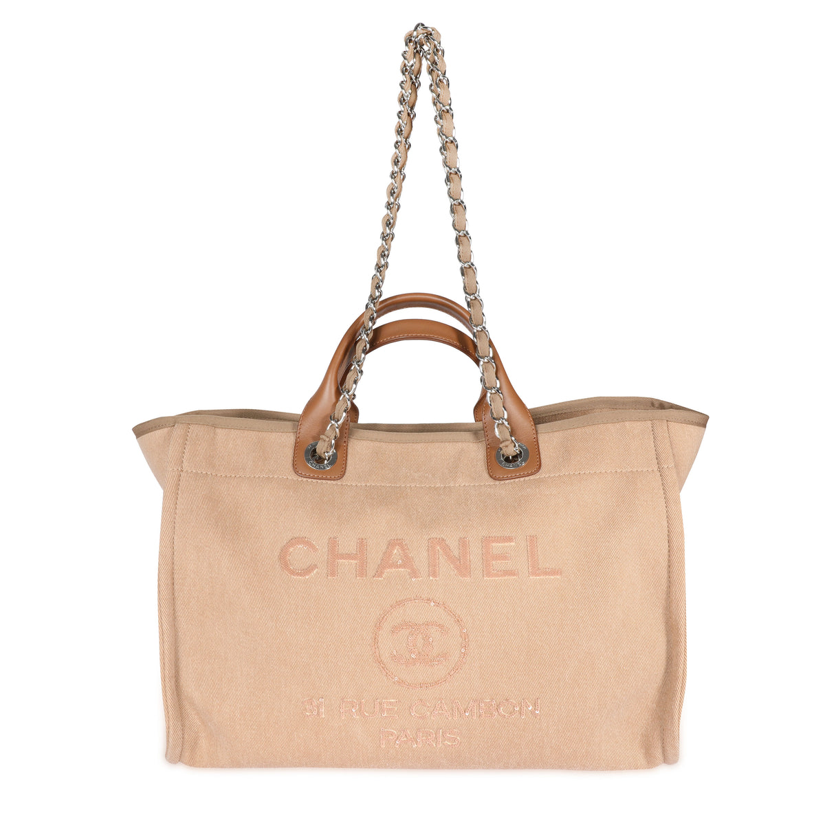 Chanel Deauville Large, Beige Wool with White Leather and Silver Hardware