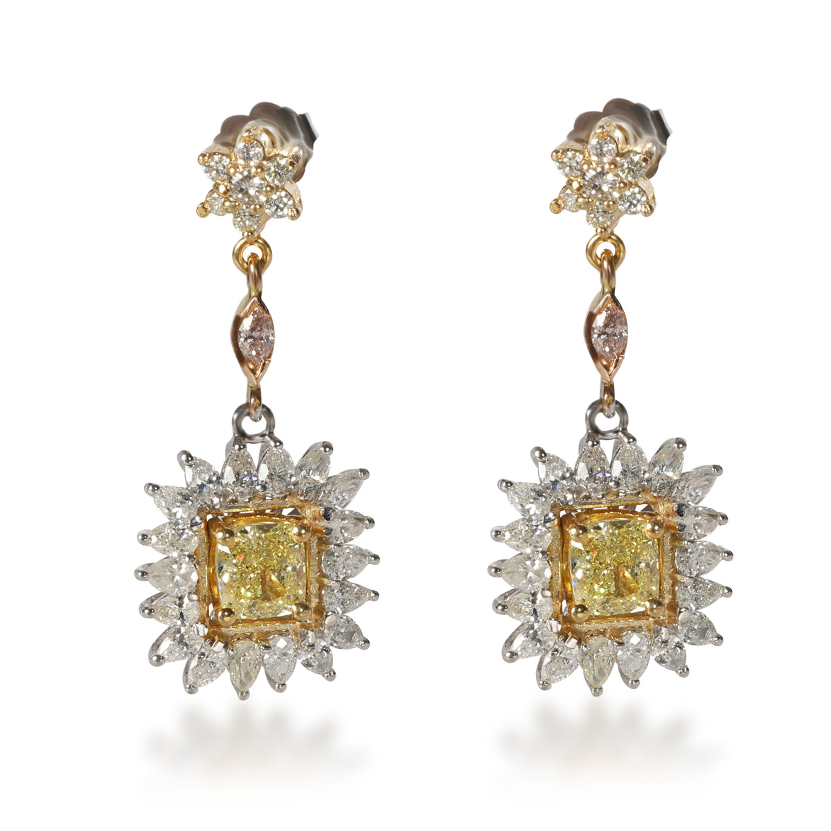 Cushion Diamond Drop Earrings in 18K Gold Fancy Yellow IF 4.39 CTW