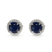 Halo Sapphire Diamond Earrings in 14K White Gold Blue 0.24 CTW