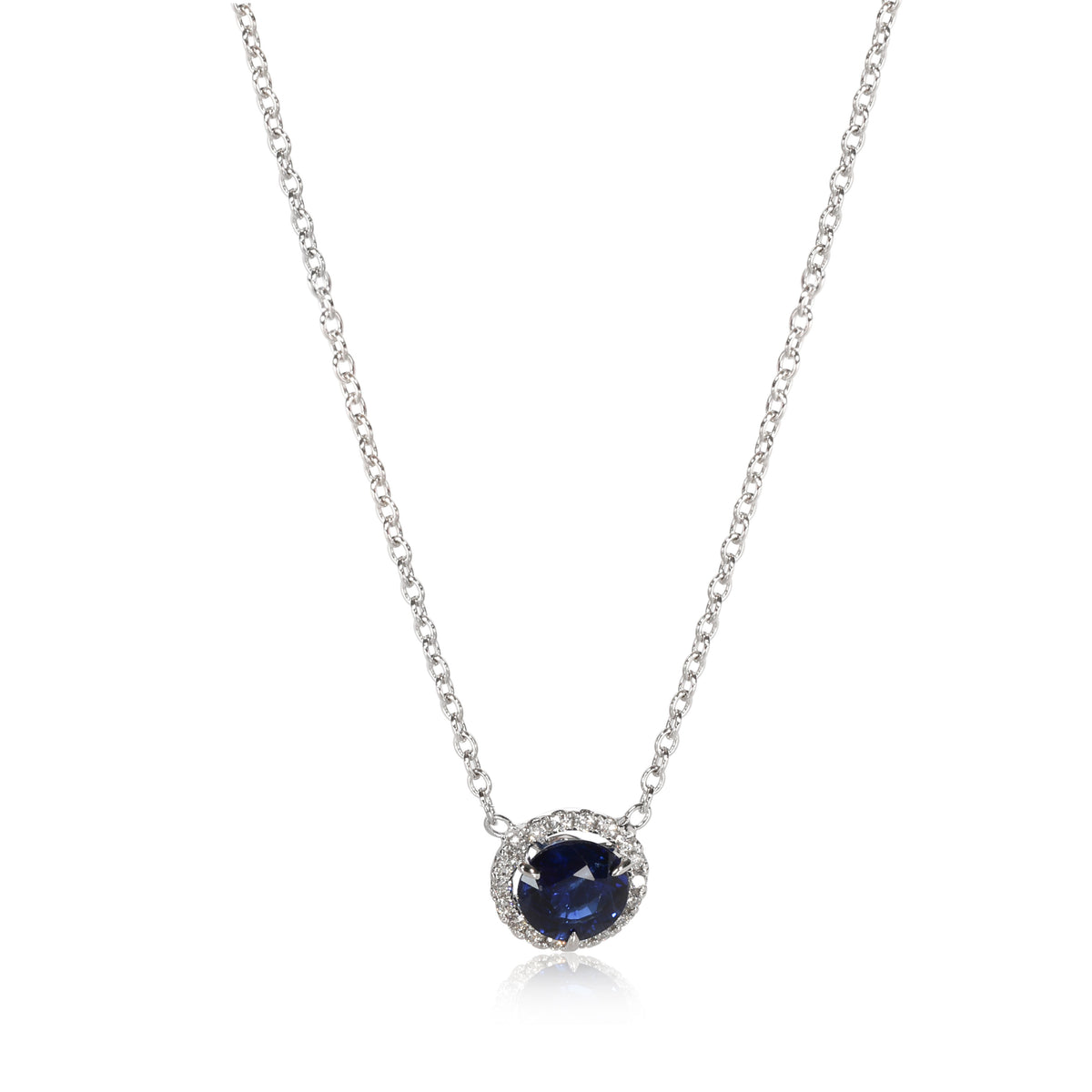 Halo Diamond & Sapphire Necklace in 18K White Gold 0.10 CTW