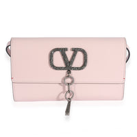 Valentino Pale Pink Leather VCase Crystal Logo Clutch