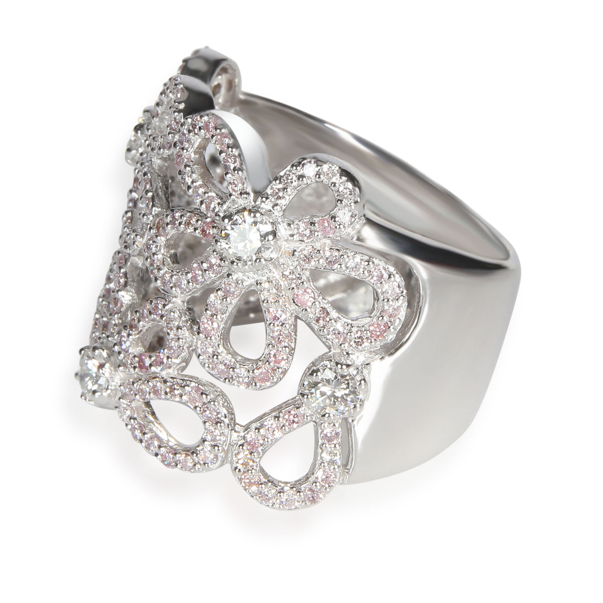 Pink & White Diamond Flower Ring in 18K White Gold 1.30 CTW