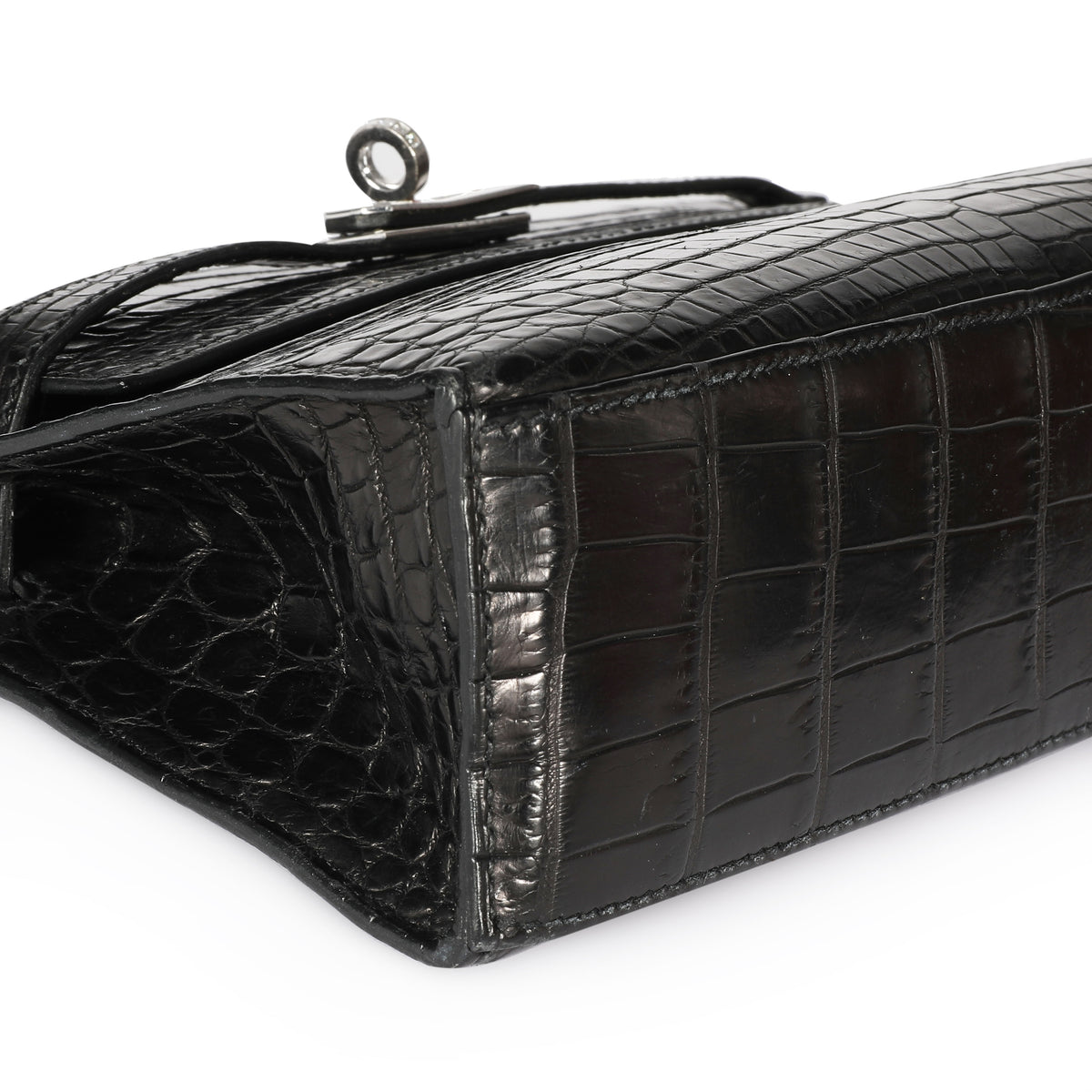 Hermès Shiny Black Niloticus Crocodile Kelly Pochette 18k White Gold & Diamond