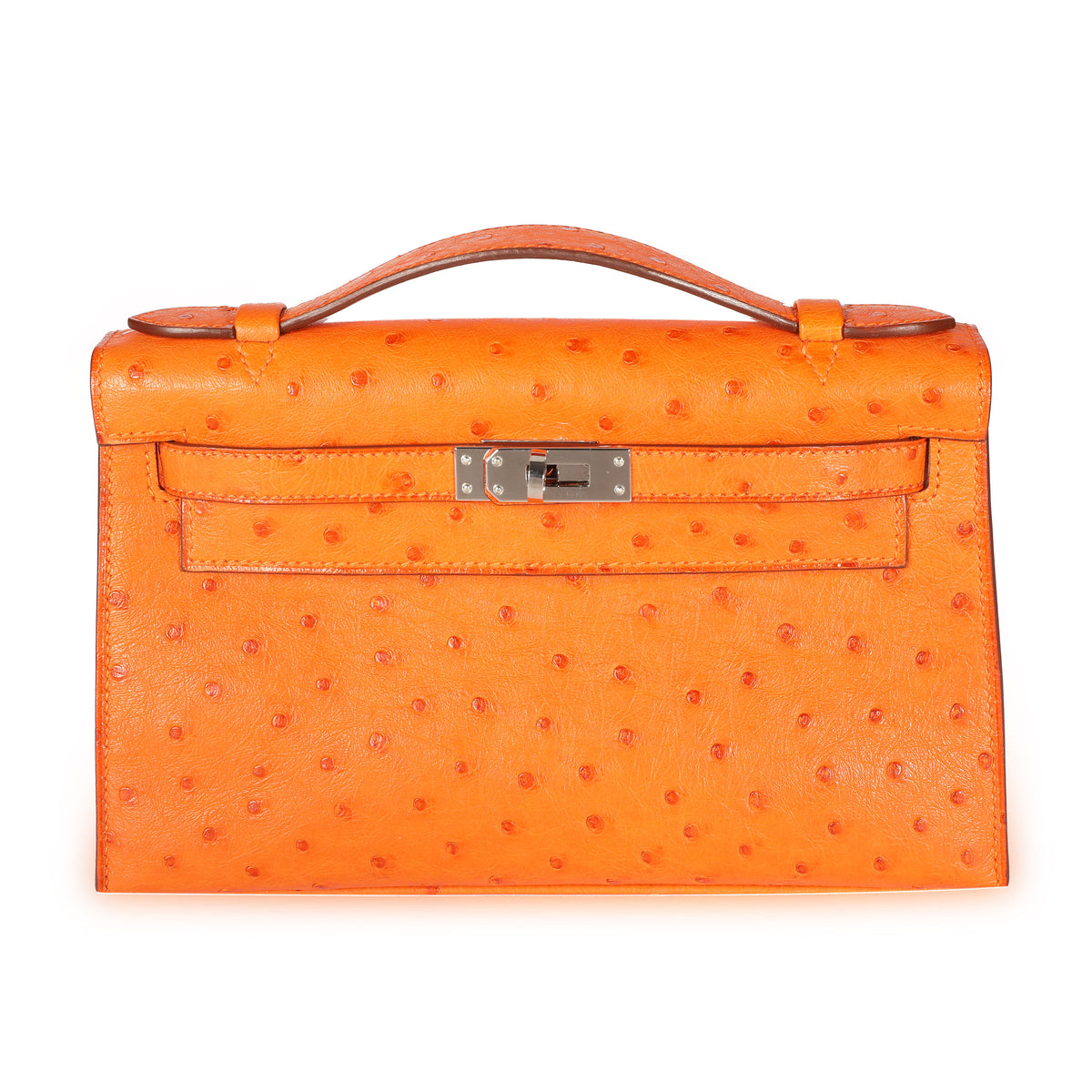 A TANGERINE OSTRICH KELLY POCHETTE WITH PALLADIUM HARDWARE