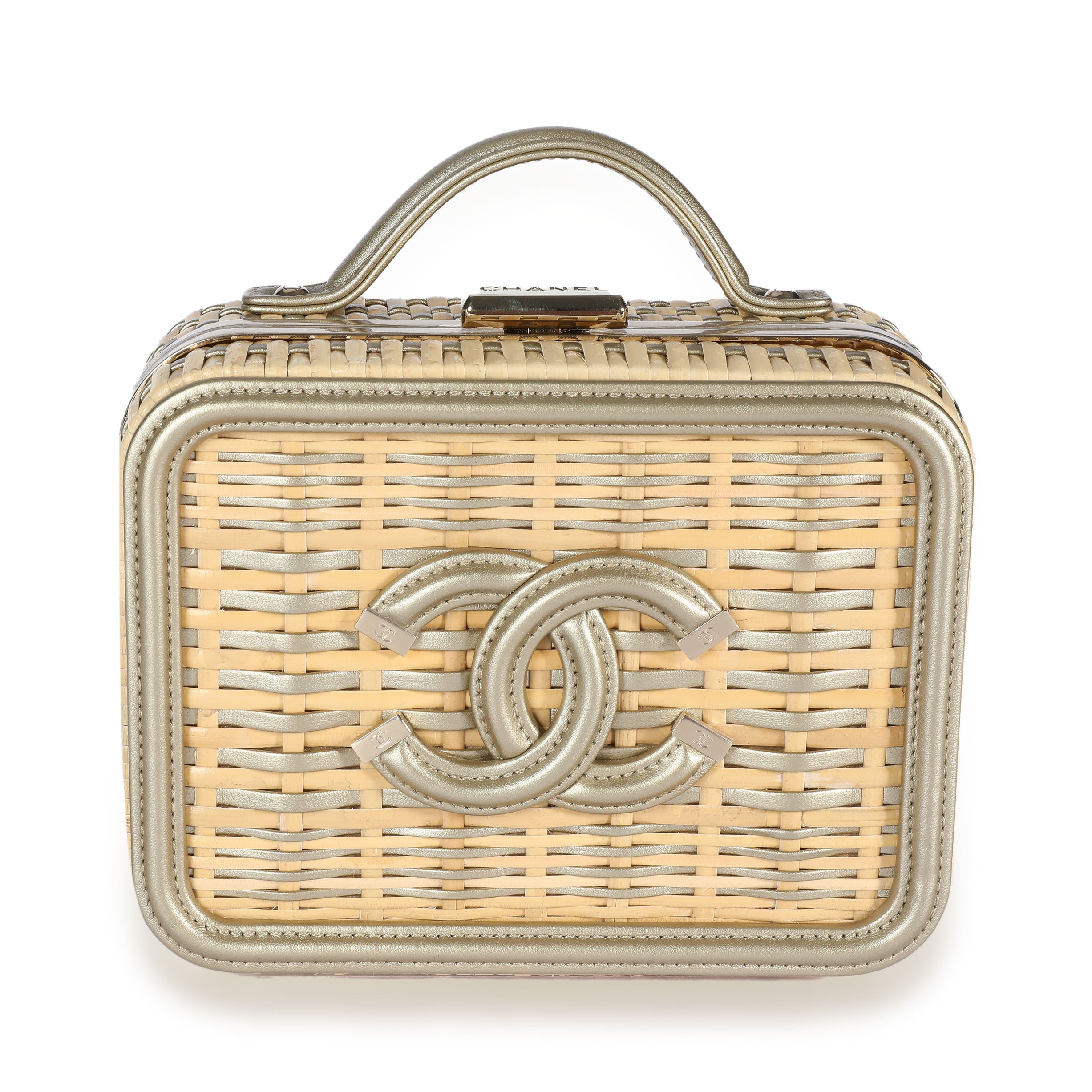 Chanel Beige Rattan & Gold Calfskin Small Vanity Case