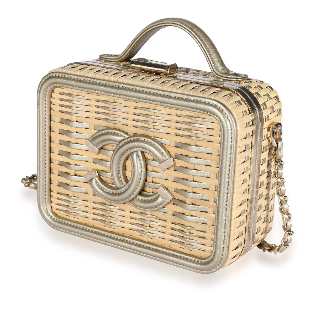 CHANEL VANITY CASE (2918xxxx) SMALL SIZE, WHITE LEATHER & RATTAN, SILVER  HARDWARE, WITH CARD, DUST COVER & BOX