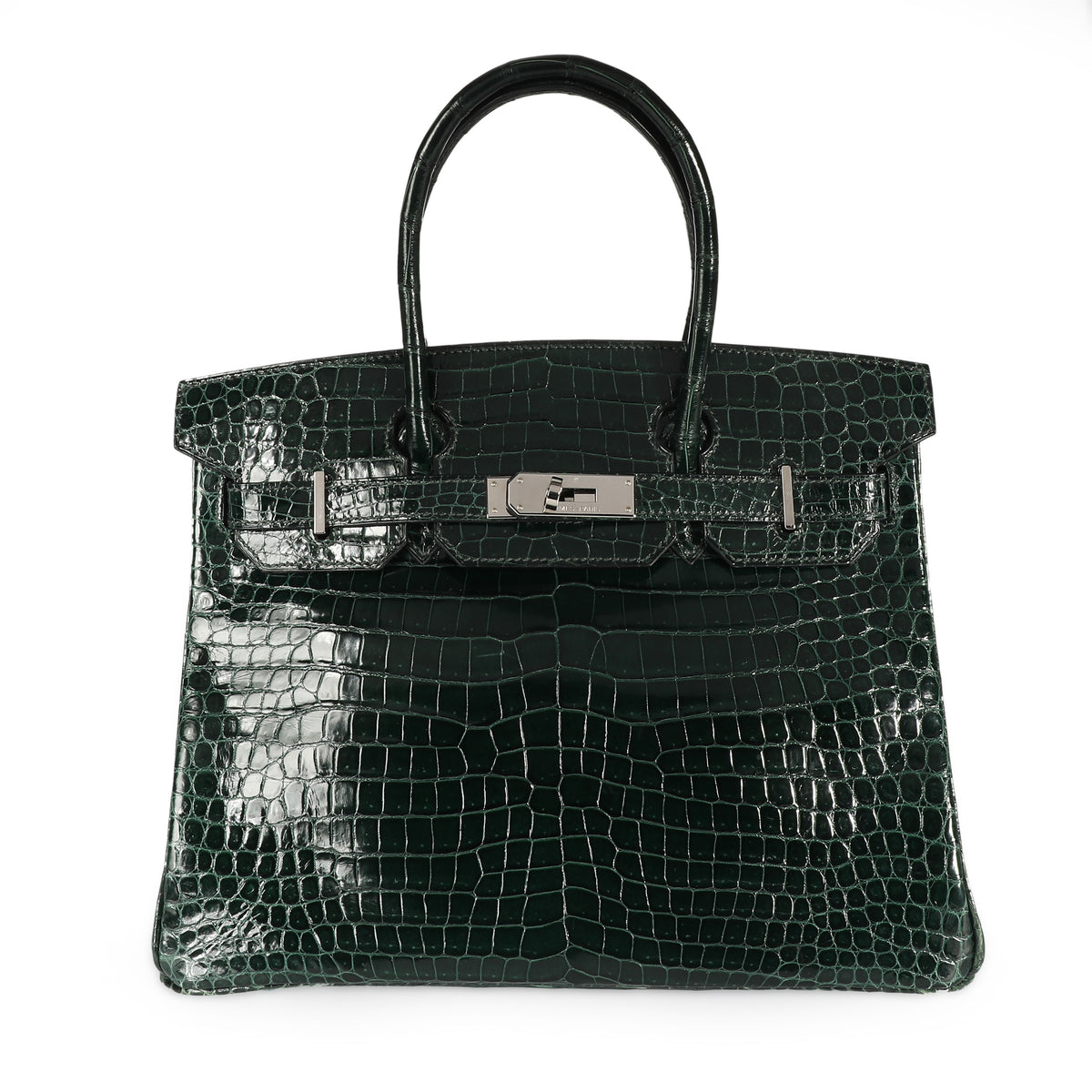 Hermès Shiny Vert Fonce Porosus Crocodile Birkin 30 PHW