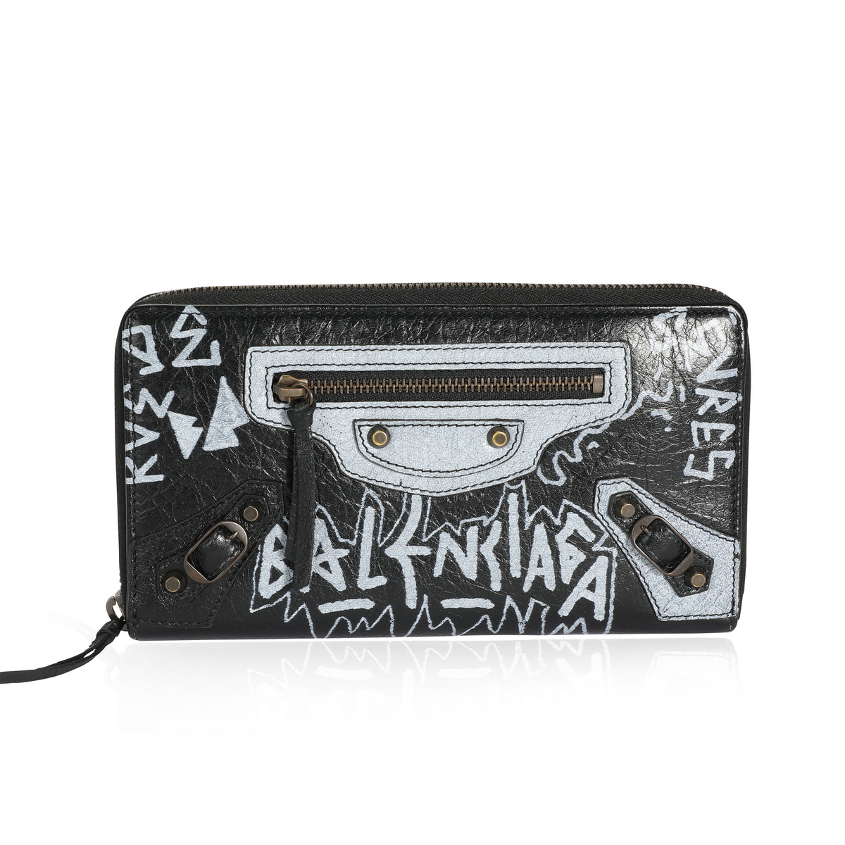 Balenciaga Black & White Graffiti Classic Continental Zip Around Wallet