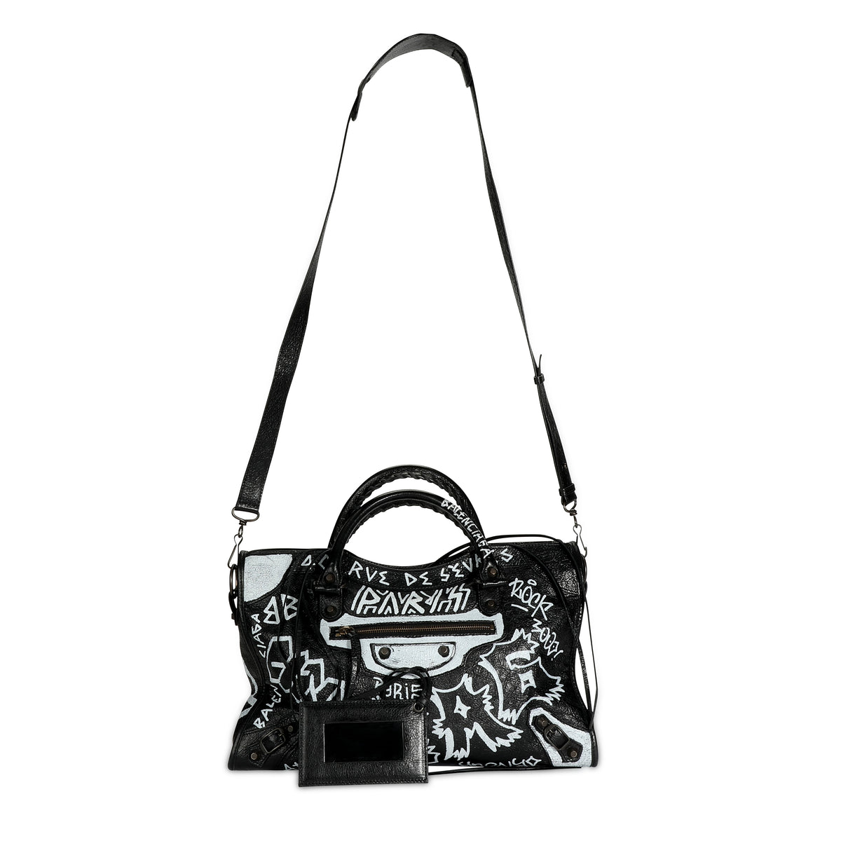Balenciaga Black & White Graffiti Leather Classic City Bag