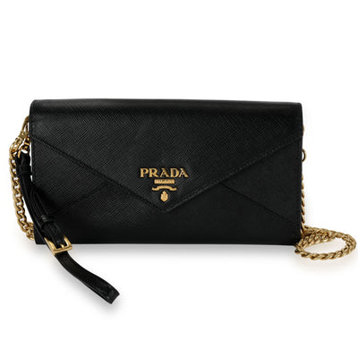 Prada Black Saffiano Leather Envelope Chain Wallet