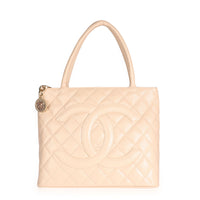 Chanel Beige Quilted Caviar Leather Medallion Tote