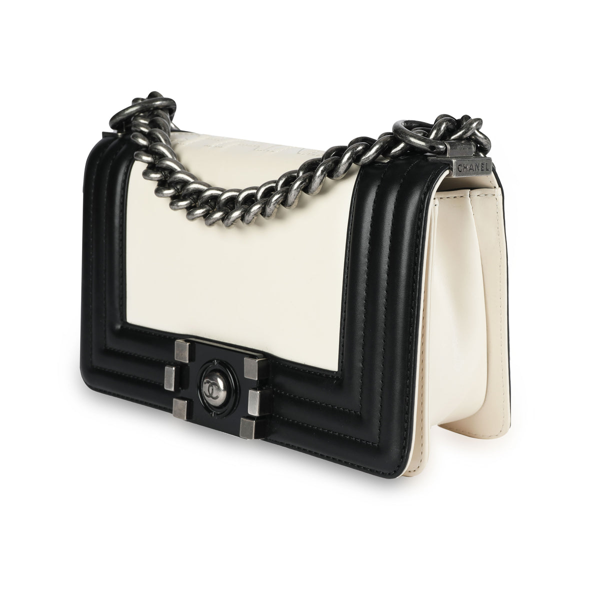 Chanel Black & Cream Calfskin Leather Small Boy Bag