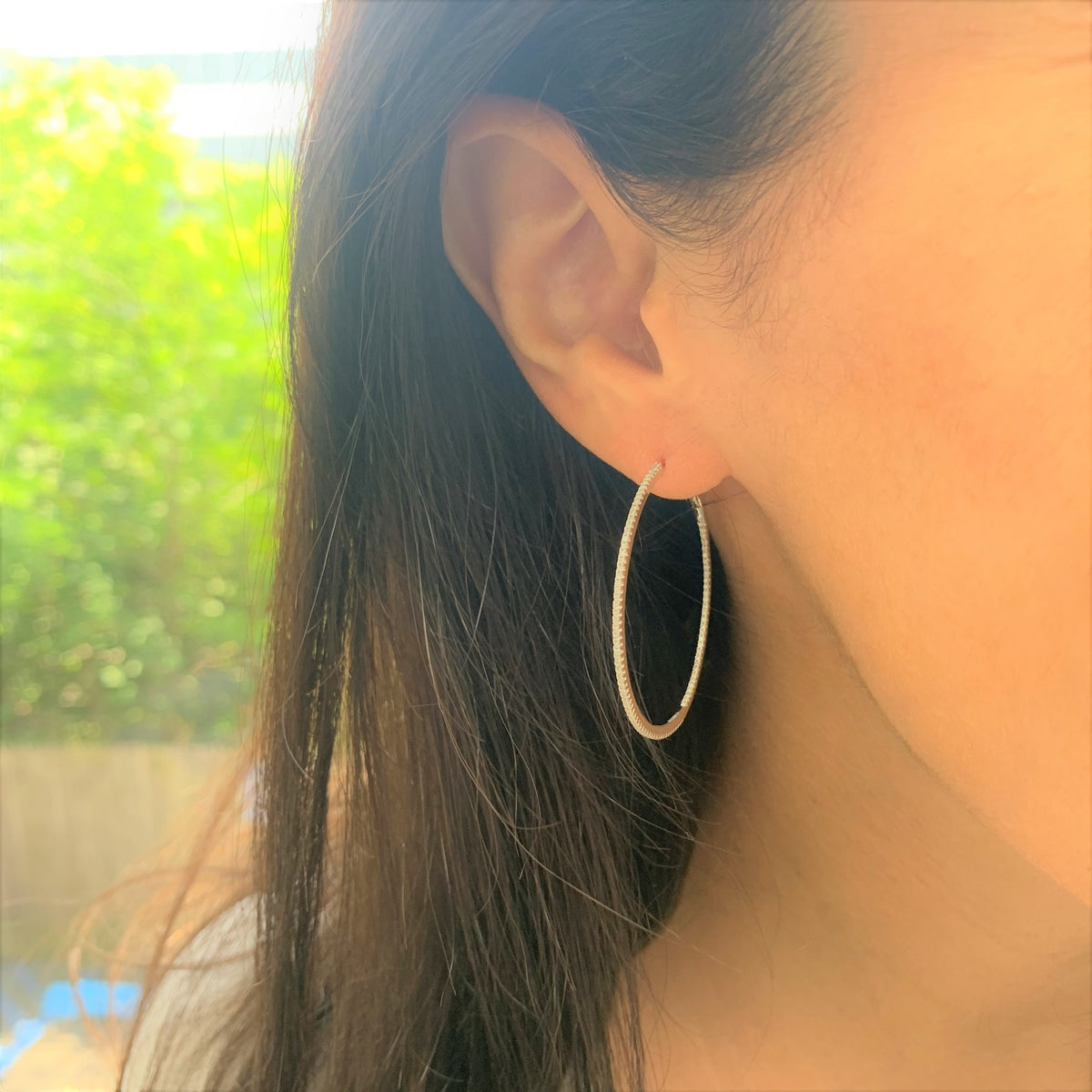 14k White Gold & Diamond Skinny Hoop Earrings 1.5