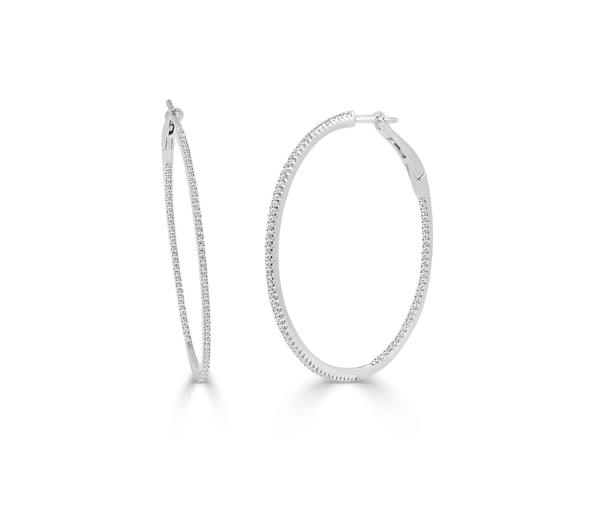 14k White Gold & Diamond Skinny Hoop Earrings 1.5