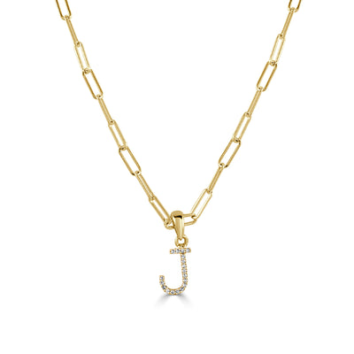 14k Yellow Gold & Diamond Paperclip Initial J Necklace