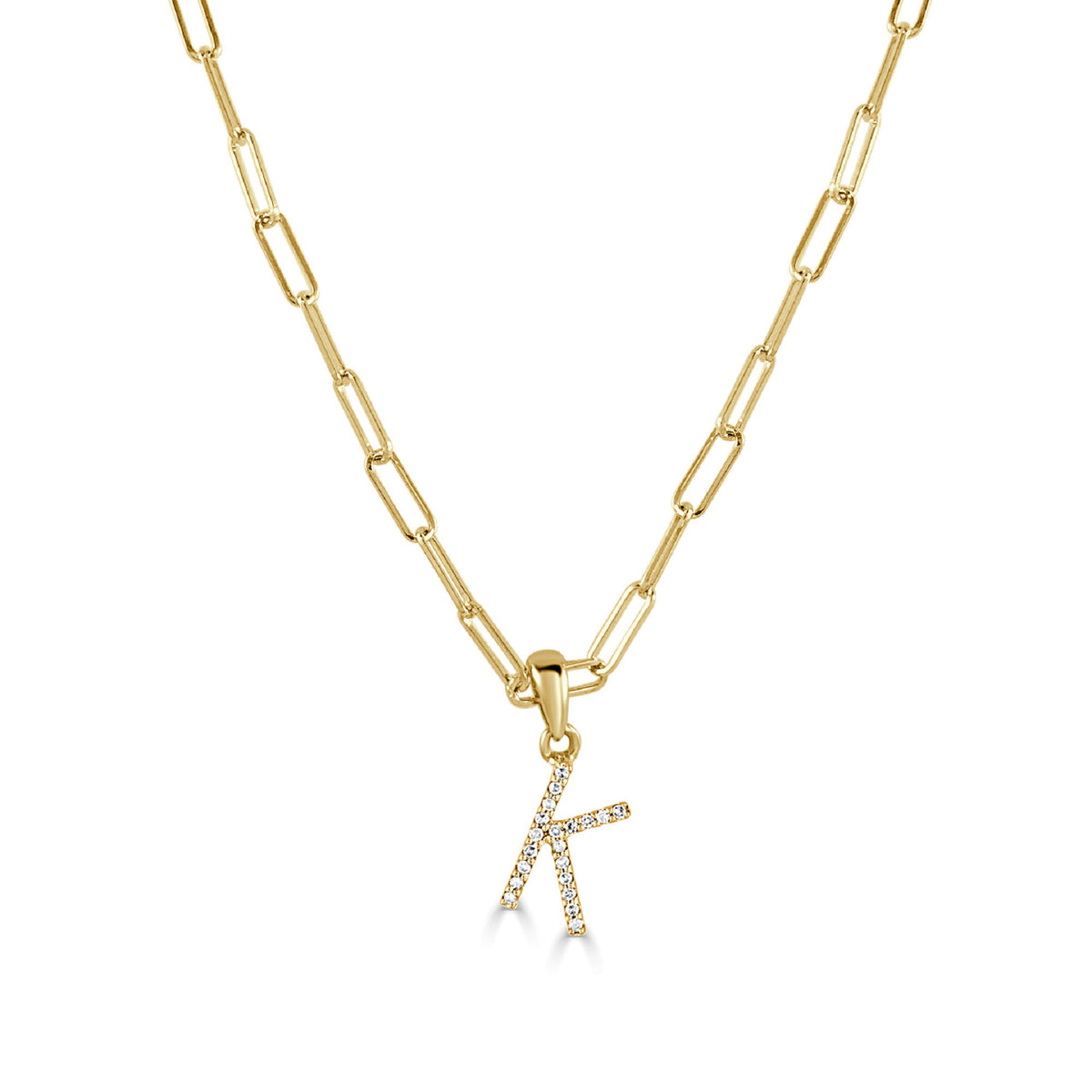 Diamond Paperclip Initial K Necklace in 14K Yellow Gold