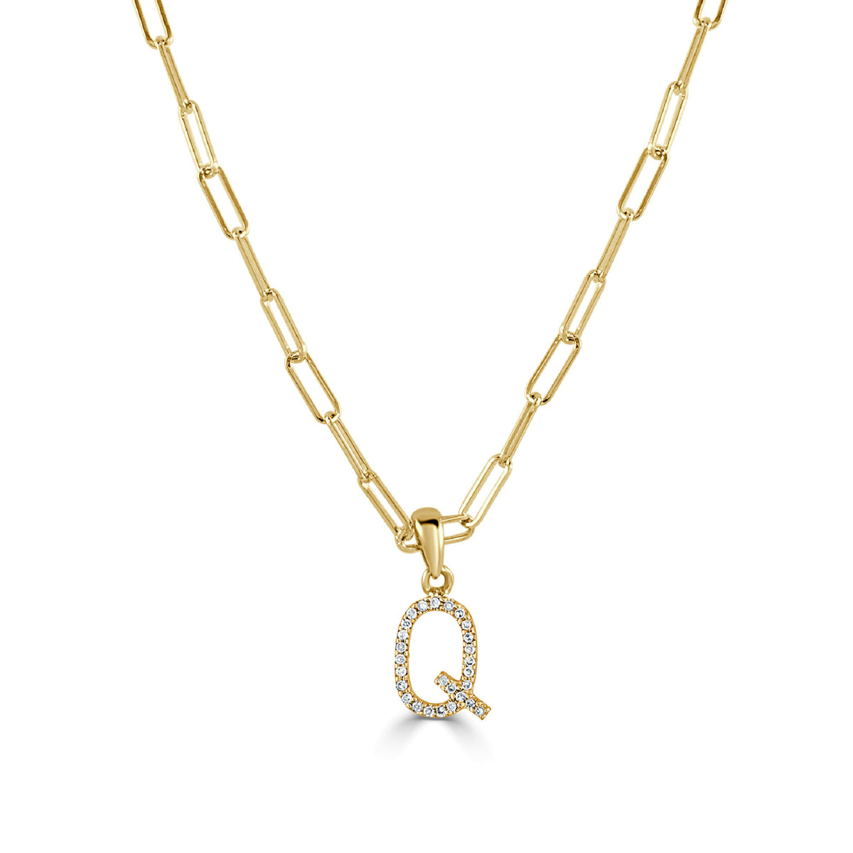 14k Yellow Gold & Diamond Paperclip Initial Q Necklace