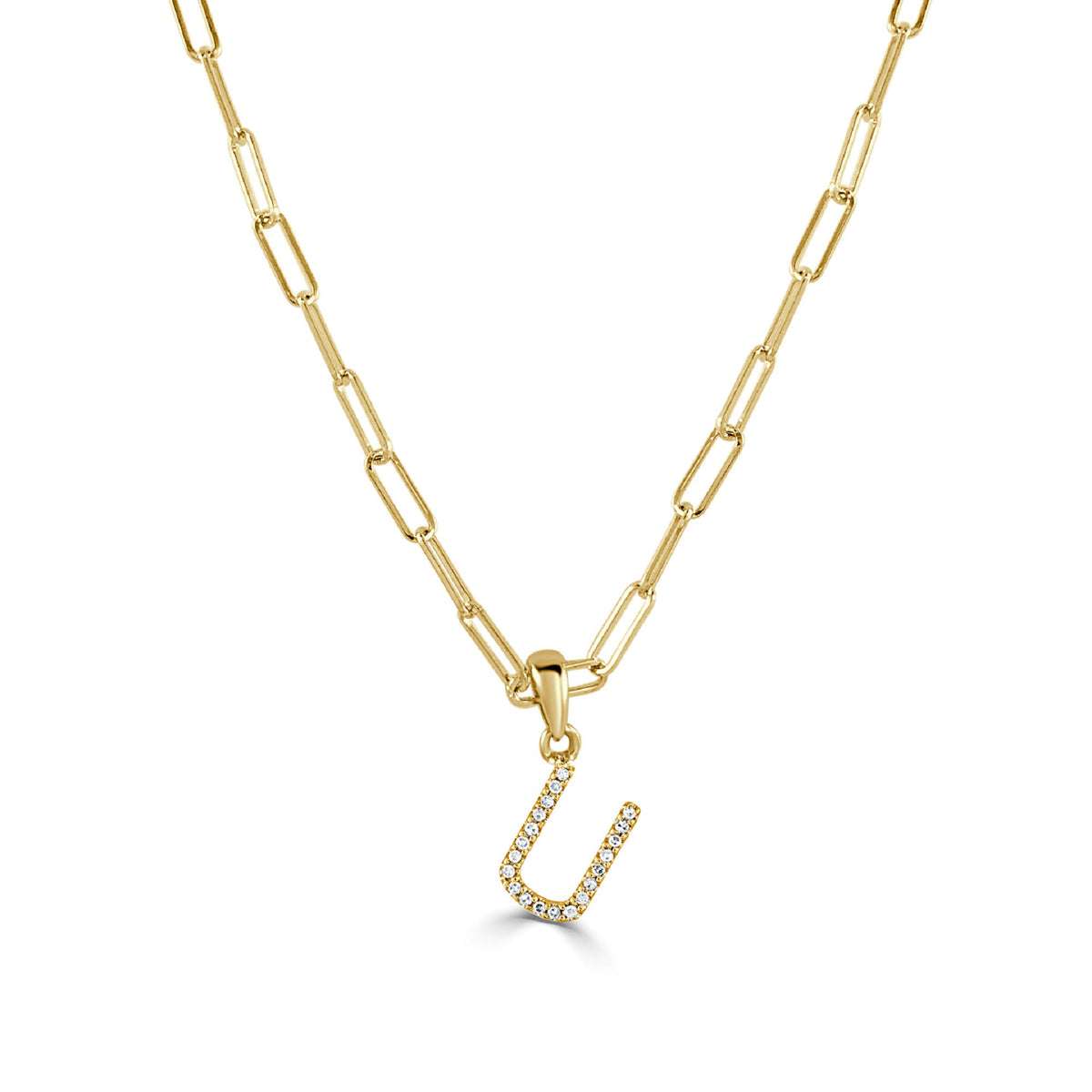 14k Yellow Gold & Diamond Paperclip Initial U Necklace