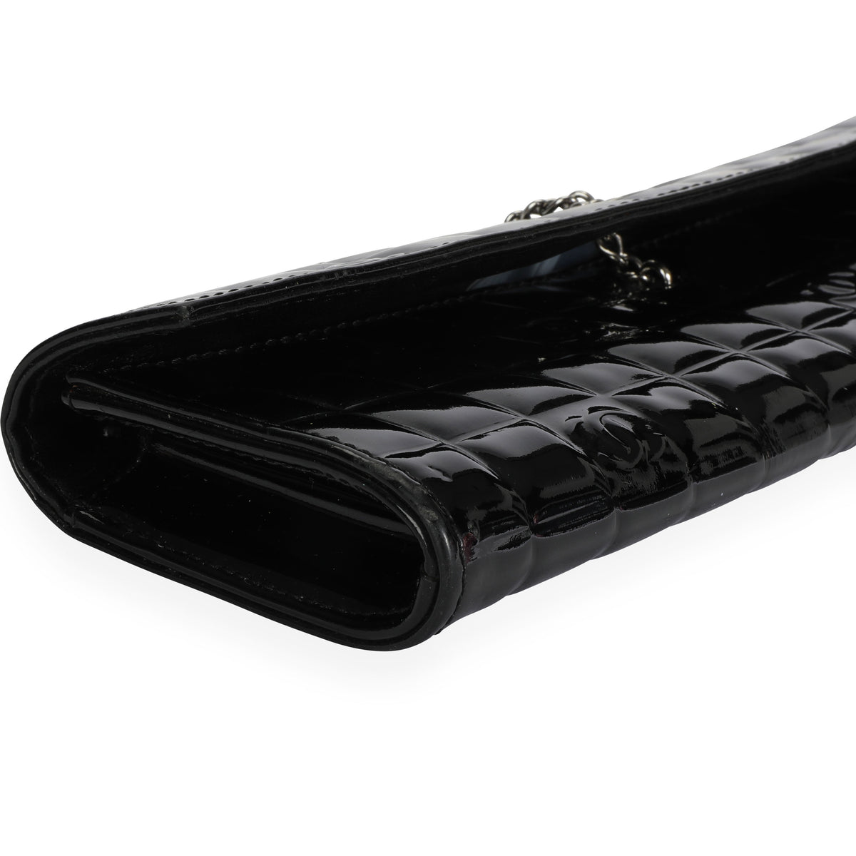 Chanel Black Patent Leather Chocolate Bar-Quilted Clutch