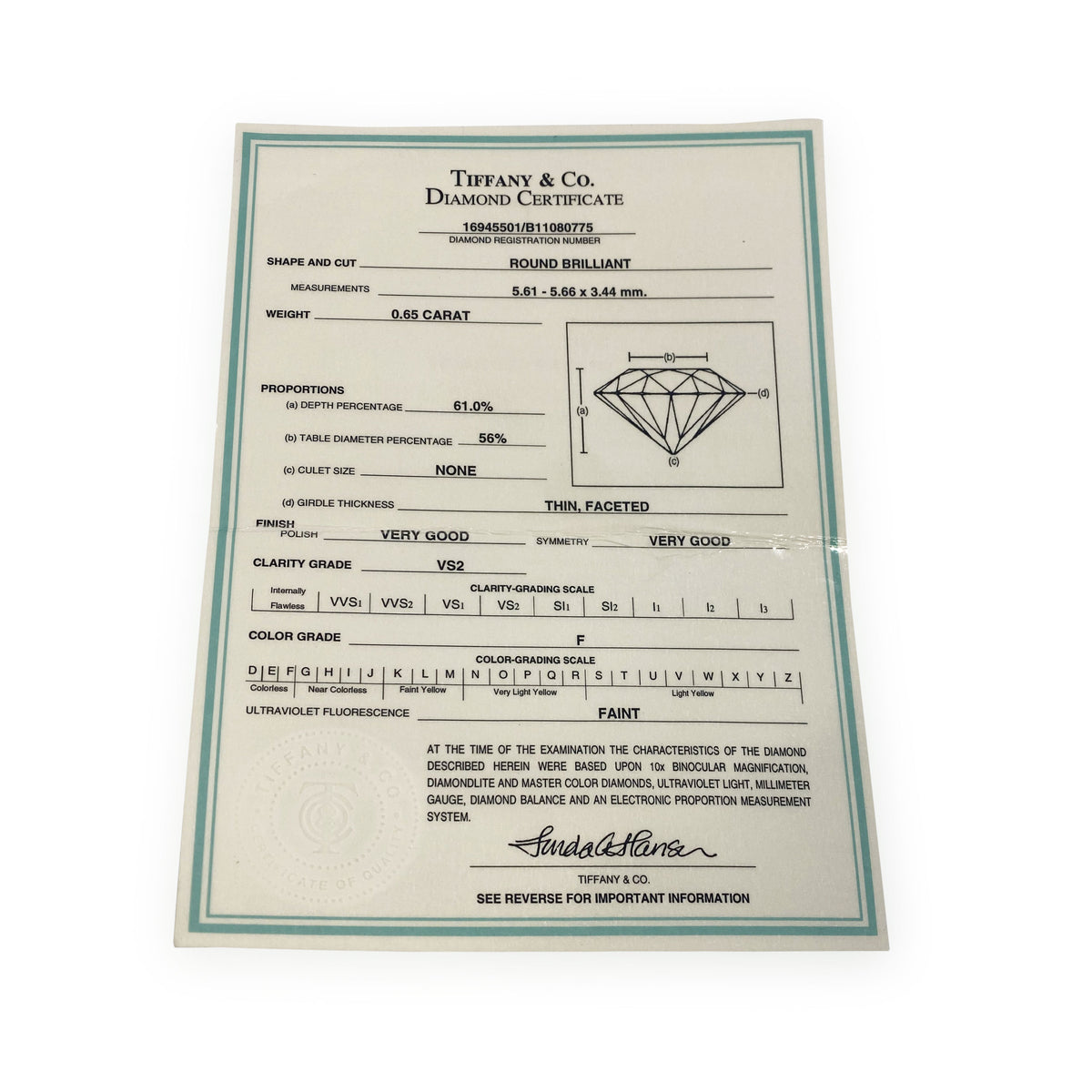 Tiffany & Co. Solitaire Diamond Engagement Ring in Platinum F VS2 0.65 CTW