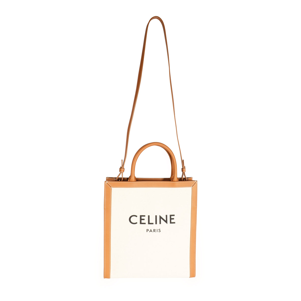 Celine Natural Canvas & Tan Calfskin Small Vertical Cabas Tote by