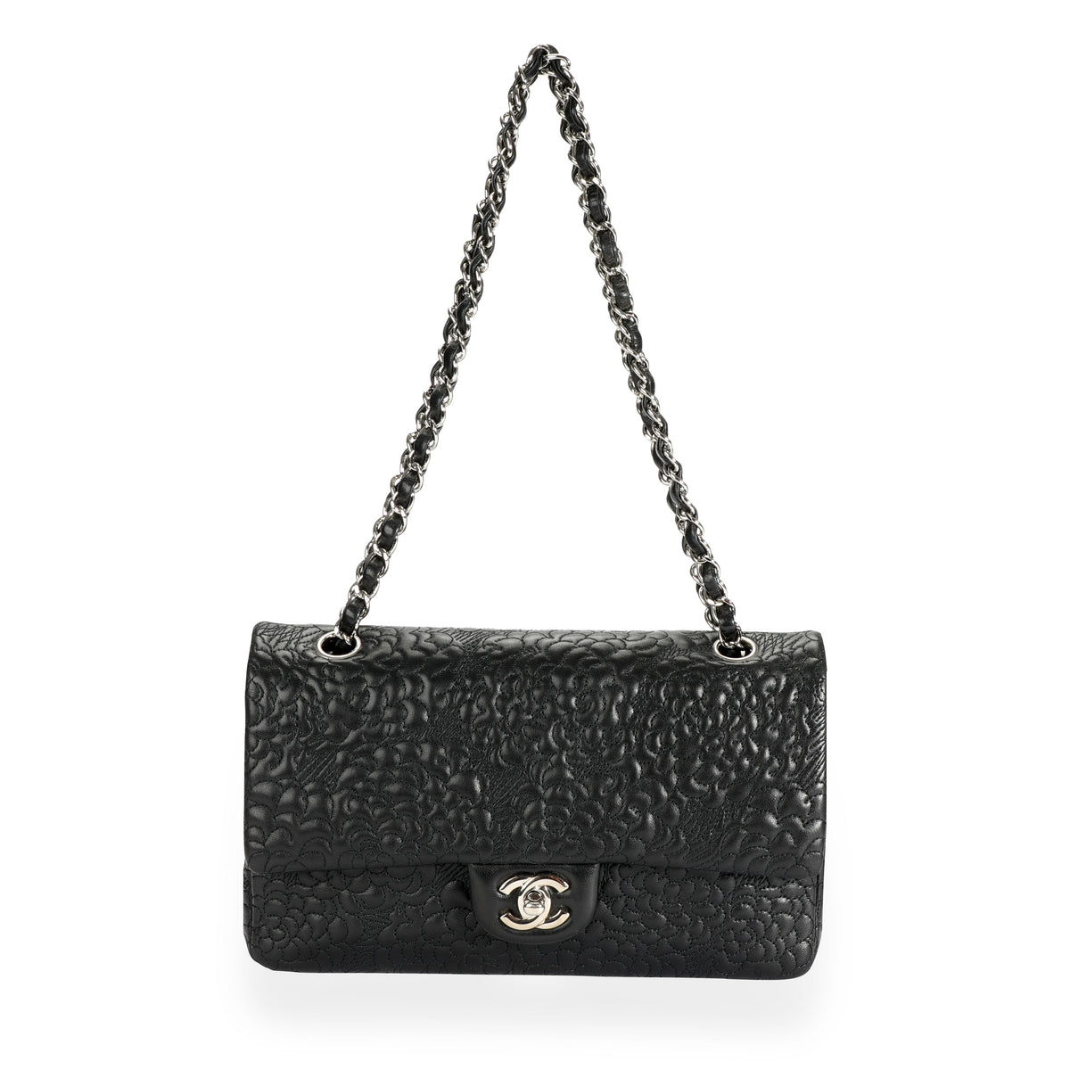 Chanel Black Camellia-Embossed Lambskin Classic Medium Double Flap Bag