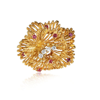 Tiffany & Co. Vintage Ruby Diamond Brooch in 18K Yellow Gold 0.32 CTW
