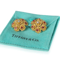 Tiffany & Co. Vintage Ruby & Diamond Flower Earrings in 18K Yellow Gold 0.10 CTW