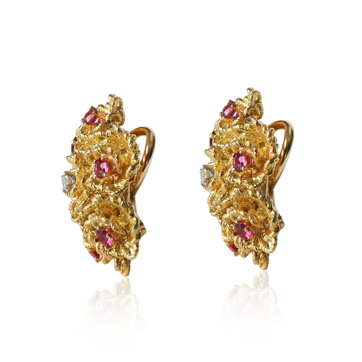 Tiffany & Co. Vintage Ruby & Diamond Flower Earrings in 18K Yellow Gold 0.10 CTW