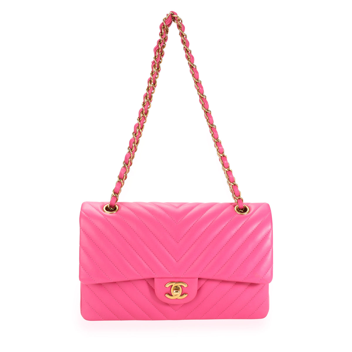 Pre-owned Chanel Medium Classic Double Flap Bag Neon Pink Lambskin Silver  Hardware