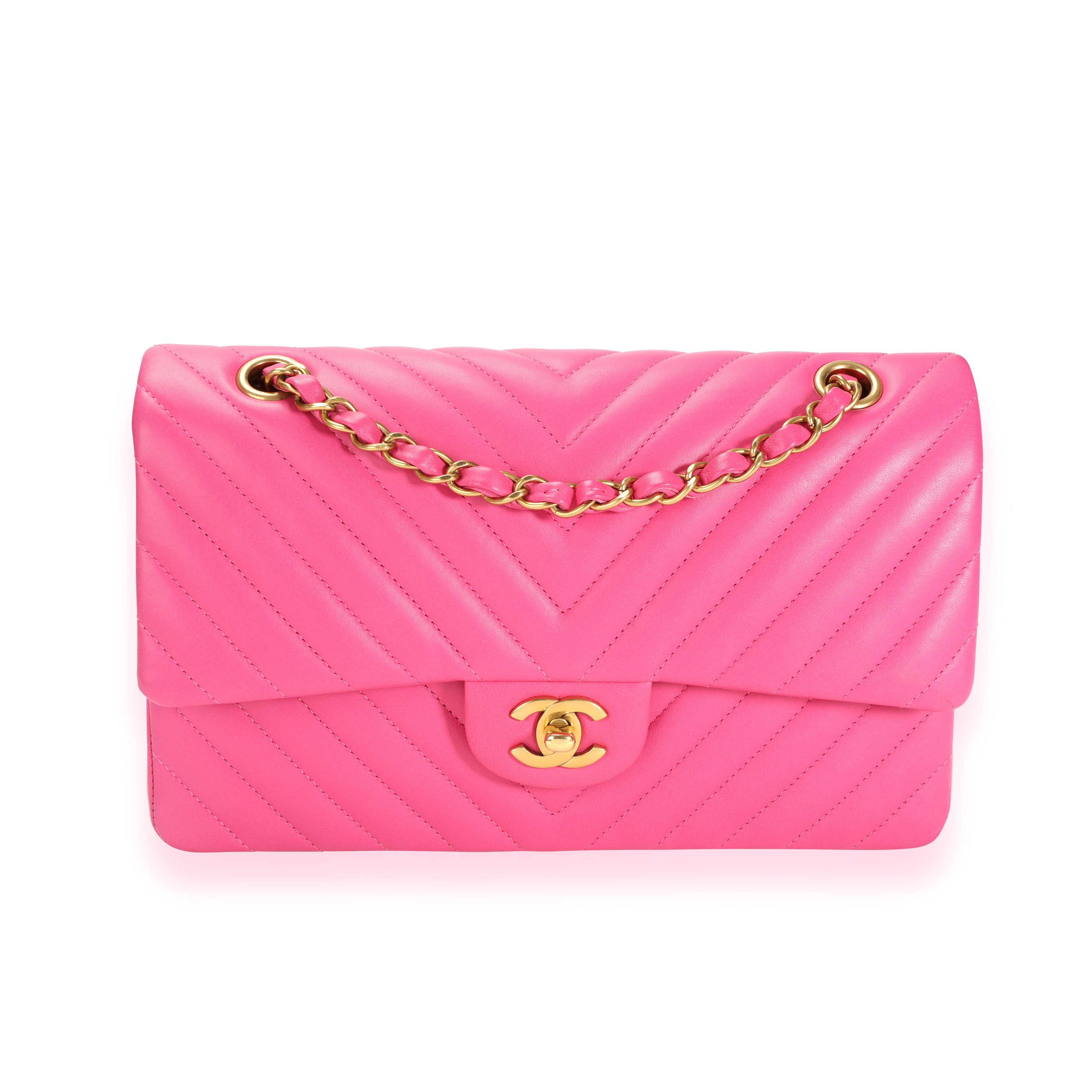 Chanel Small Chevron Classic Double Flap Bag in 19C Barbie Pink Lambskin | Dearluxe