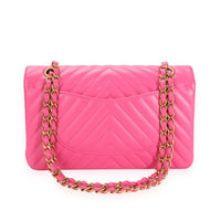 Chanel Hot Pink Lambskin Chevron Quilted Medium Classic Double Flap Bag