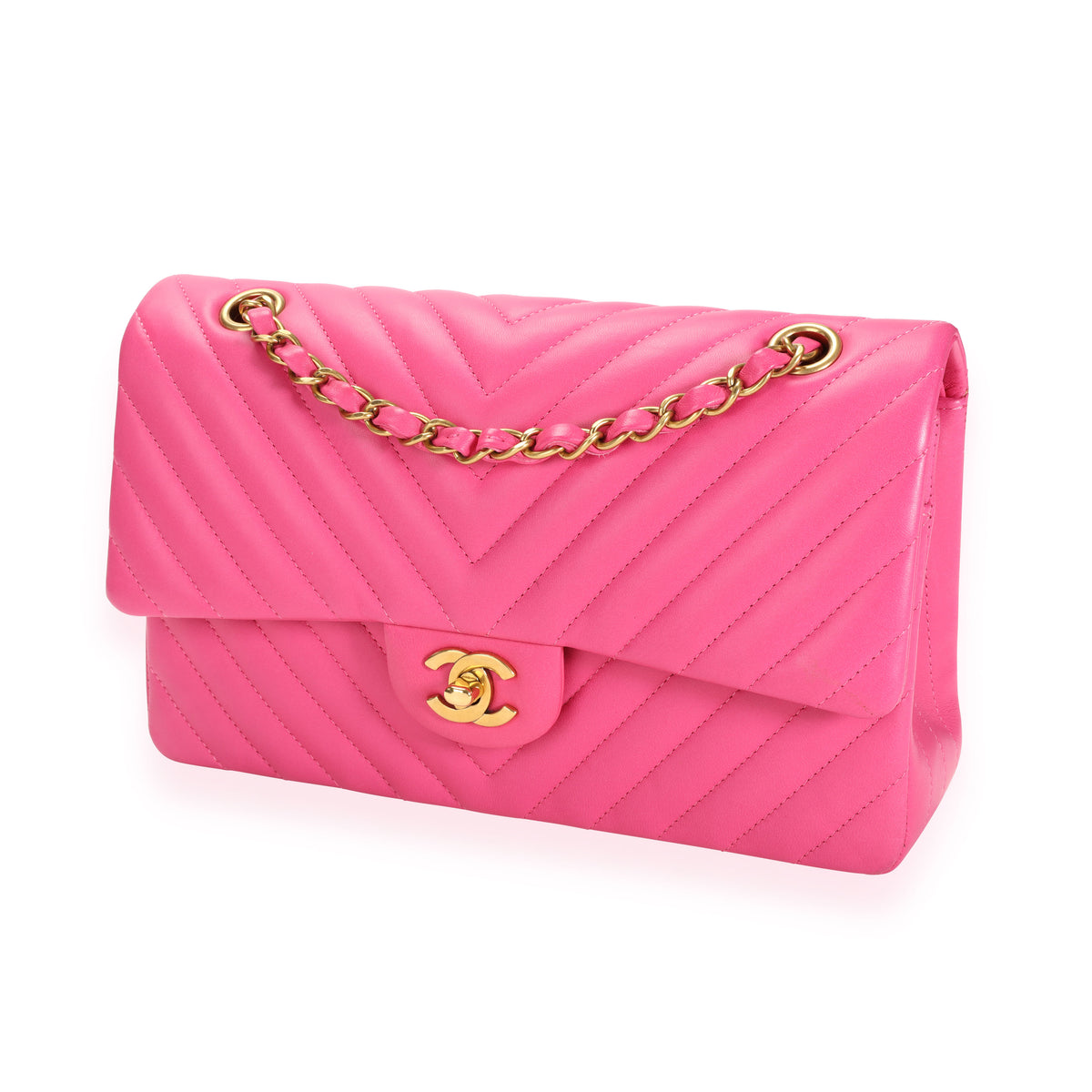 Chanel Hot Pink Lambskin Chevron Quilted Medium Classic Double Flap Bag