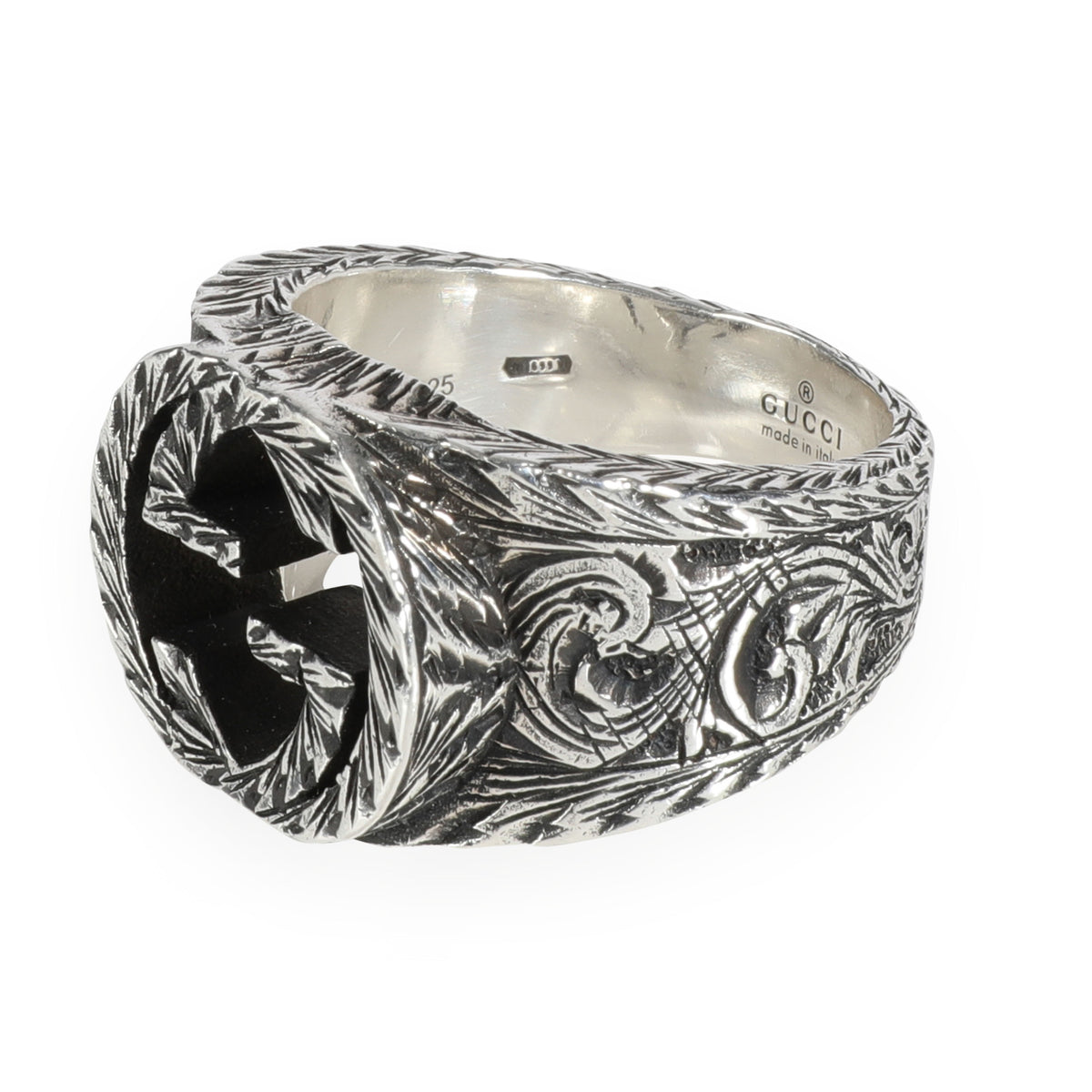 Gucci Interlocking G Ring with Engraved Pattern in Sterling Silver