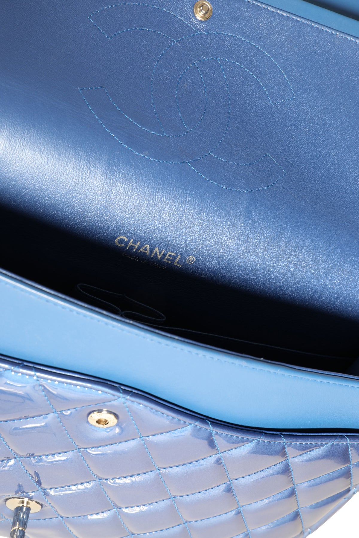 Chanel Blue Patent Leather Quilted Maxi Classic Double Flap Bag